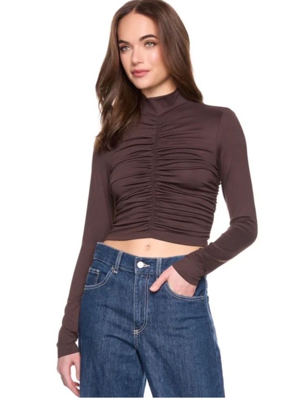 SUSANA MONACO MOCK NECK GATHERED LONGSLEEVE TOP IN JAVA
